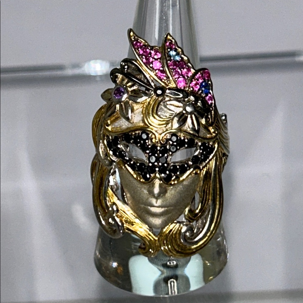 Madre Gras Masked Woman Sterling Palladium Designer Genuine Gemstone Ring Boho